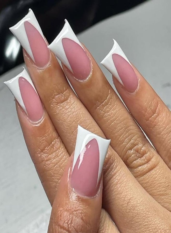 KQueenest White French Tip Press on Nails Medium Long - Duck Press on Nails for Women, Soft Gel Fake Nails Press ons, Natural Reusable Light Pink French Tip Glue on Nails for Women Wedding, 30 Pcs - Image 2